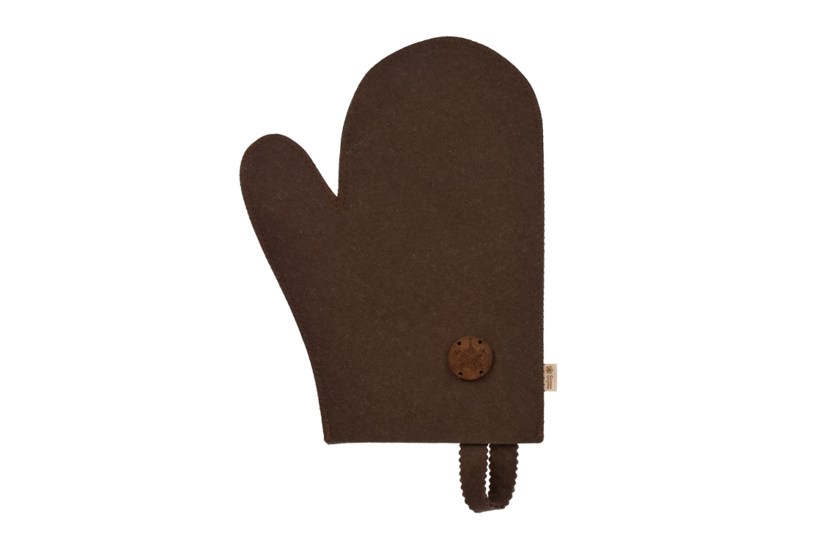 Рукавица для сауны Банные штучки, с деревянным логотипом, коричневая, войлок