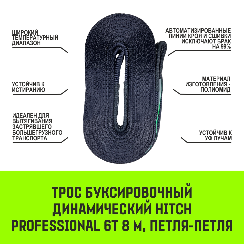 Трос буксировочный динамический HITCH PROFESSIONAL Лента для авто до 6т,  8м, петля-петля – купить в Москве, цены в интернет-магазинах на Мегамаркет