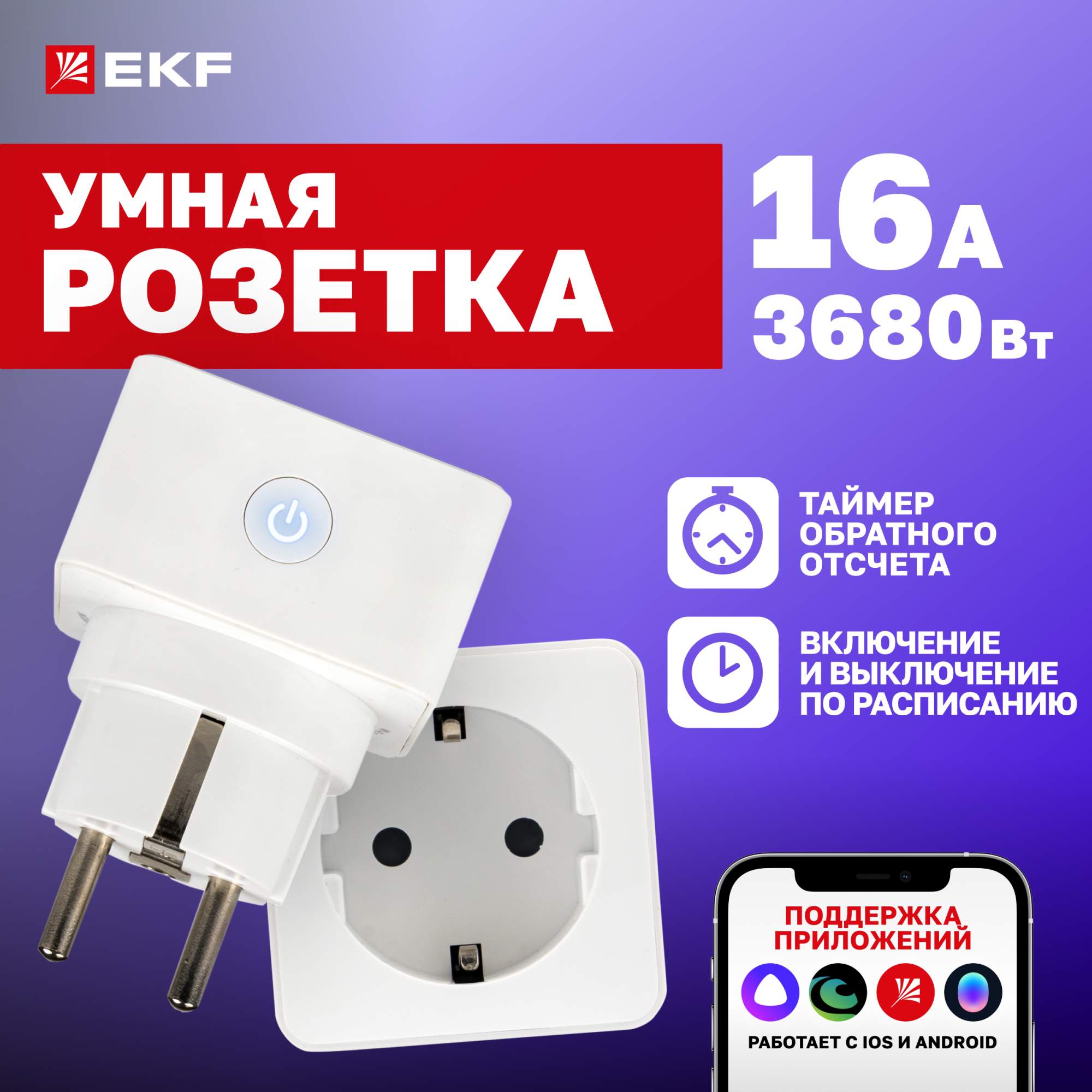 Умная розетка EKF Сonnect RCS-1-WF, Wi-Fi, белая - купить в EKF Официальный Магазин Москва (со склада Мегамаркет), цена на Мегамаркет