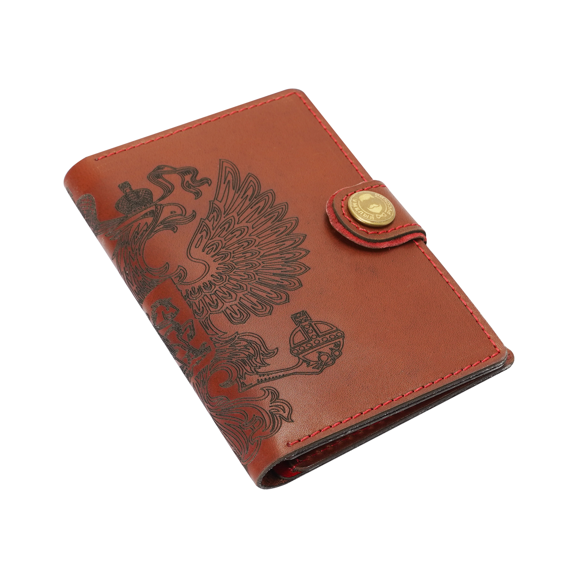 Обложка для паспорта мужская Умелый русский Герб России коричневая/красная