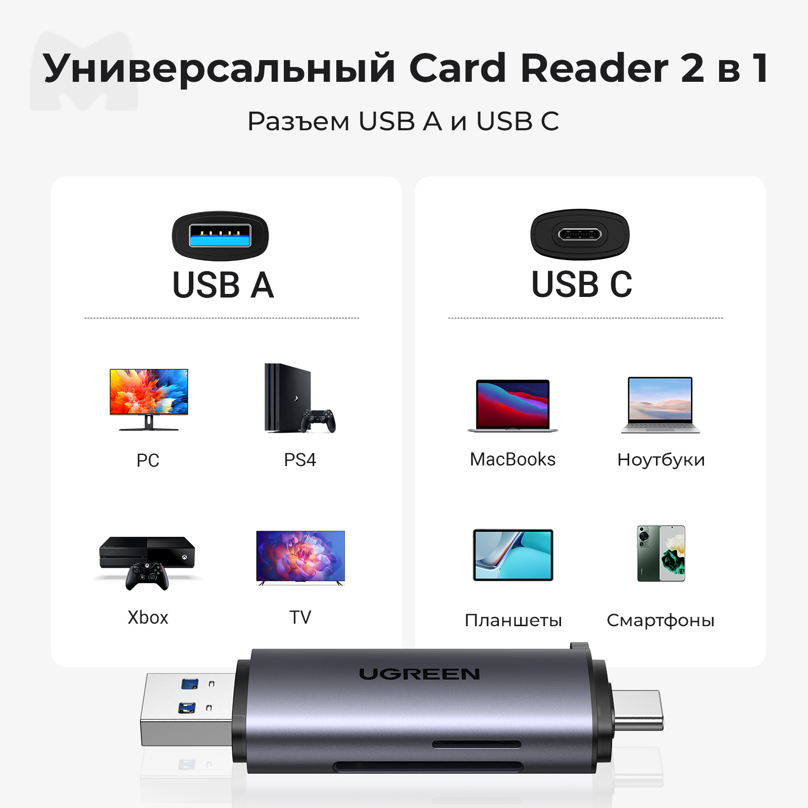 Кардридер Ugreen USB-C + USB-A 3.0 для карт памяти TF/SD - 2-in-1 USB C OTG  Card Reader - отзывы покупателей на маркетплейсе Мегамаркет | Артикул:  600003993420