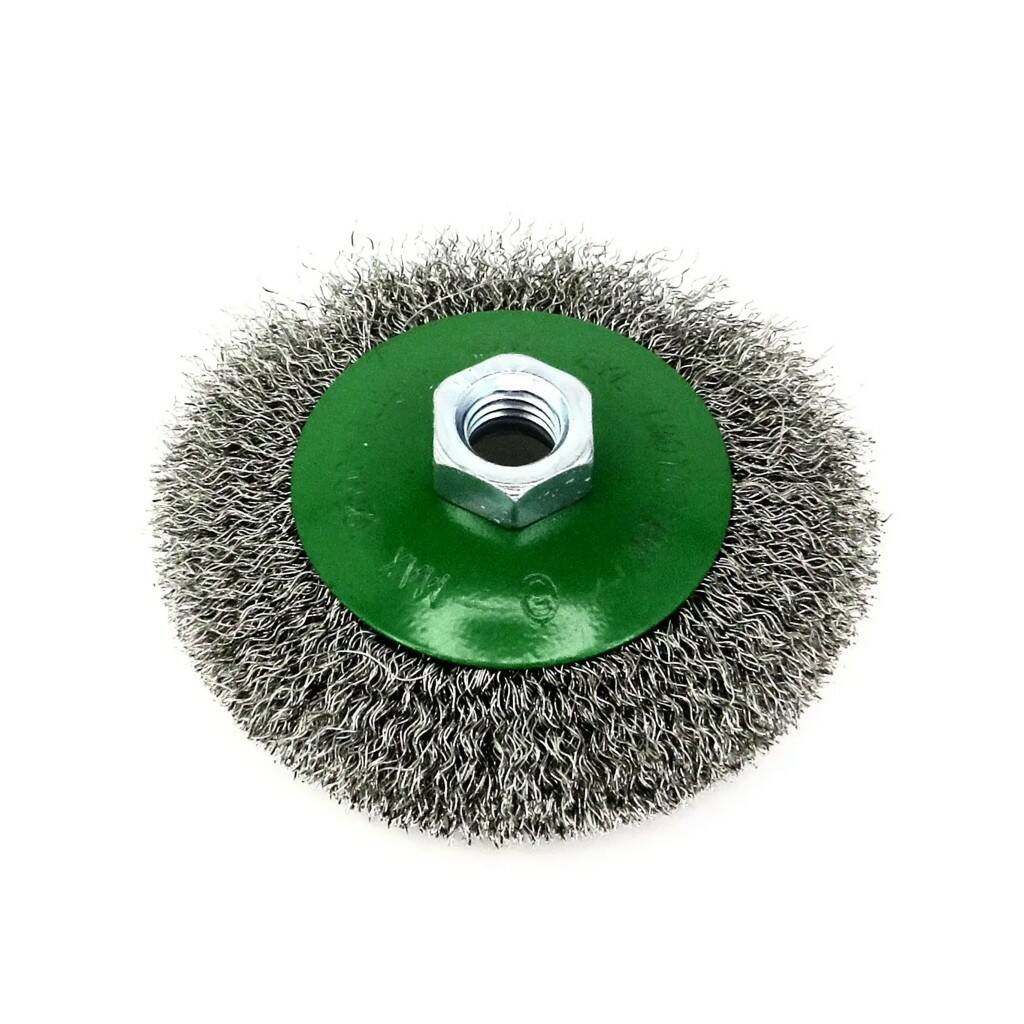 Кордщетка энкор 51516 100 мм. 2 мм для ушм matrix 74632. Щетка коническая м14. Щетка дисковая д125*8*m14, ворс гофр сталь 0,35, sit. 30.