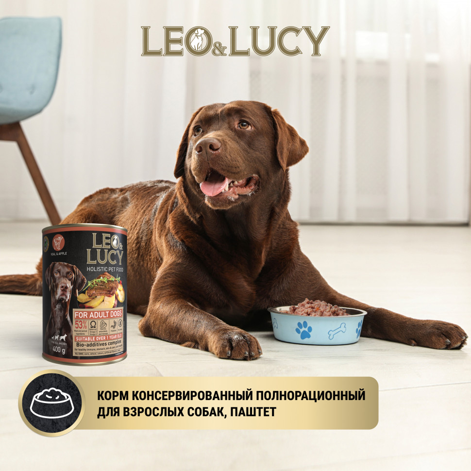 Купить влажный корм для взрослых собак LEO&LUCY с телятиной и яблоком,  паштет 24шт по 400г, цены на Мегамаркет | Артикул: 100056520954