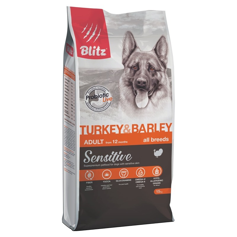 Сухой корм для собак BLITZ Adult Turkey&Barley, все породы, индейка и ячмень, 15кг