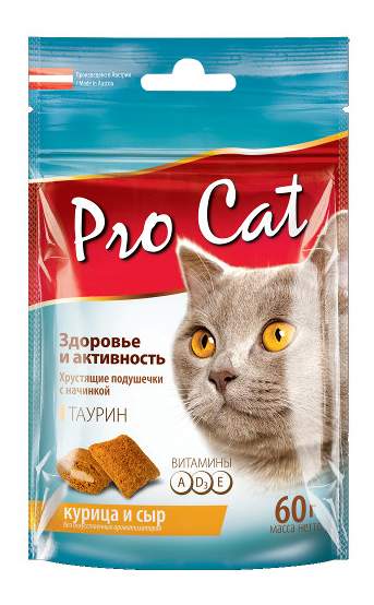 Лакомство для кошек Pro Cat Здоровье и активность подушечки, курица, сыр, 60 г