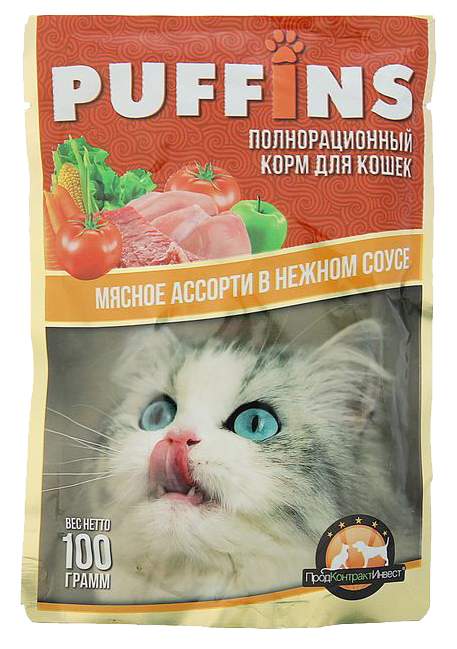Влажный корм для кошек Puffins, с мясным ассорти в нежном соусе, 24шт по 100г