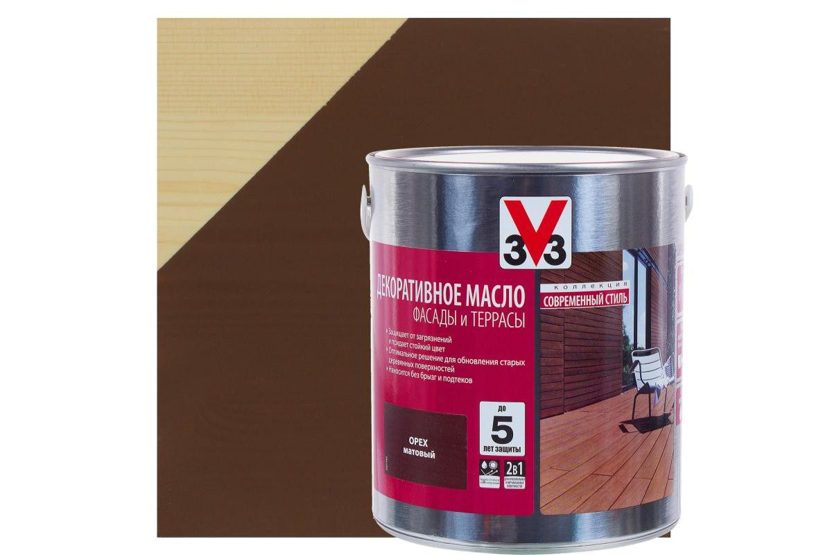 Декоративное масло 3V3 для деревянных фасадов и террас 2.5л орех