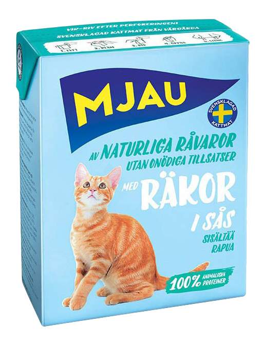 Влажный корм для кошек Mjau Chunks in Sauce, мясные кусочки в соусе с креветками, 380г