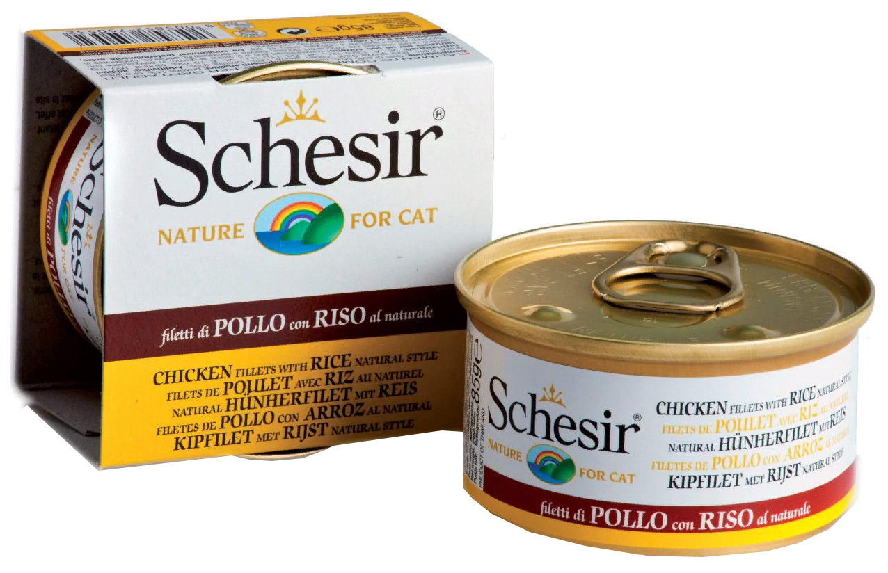 Консервы для кошек Schesir, цыпленок, рис, кусочки, 14шт, 85г