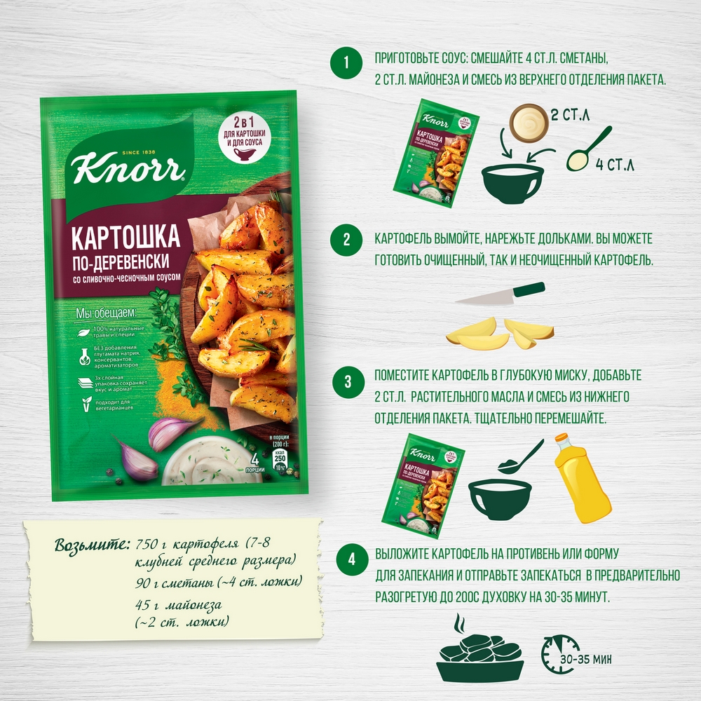 На второе приправа Knorr картошка по-деревенски со сливочно-чесночным соусом  28 гр - отзывы покупателей на маркетплейсе Мегамаркет | Артикул:  100023631482