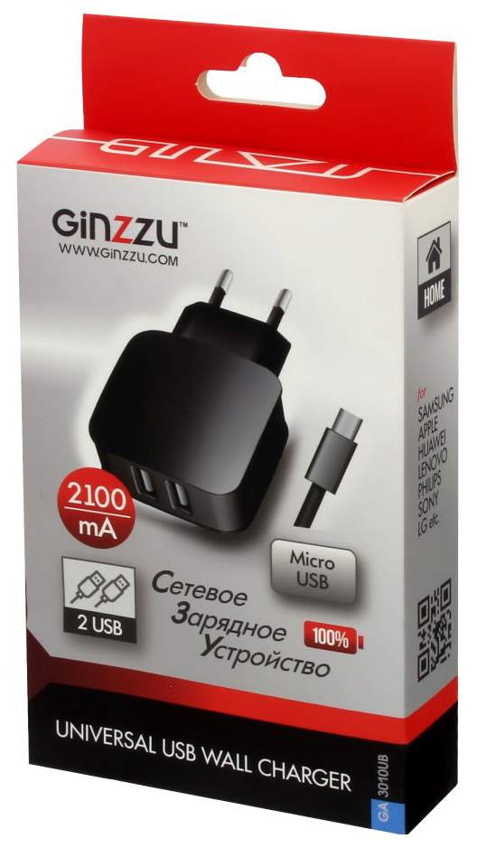 Сетевое зарядное устройство Ginzzu GA-3010UB, 2xUSB, 2,1 A, black