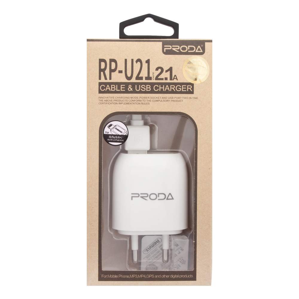 Сетевое зарядное устройство PRODA Wall Charger RP-U21, 2 USB, 2,1 A, white