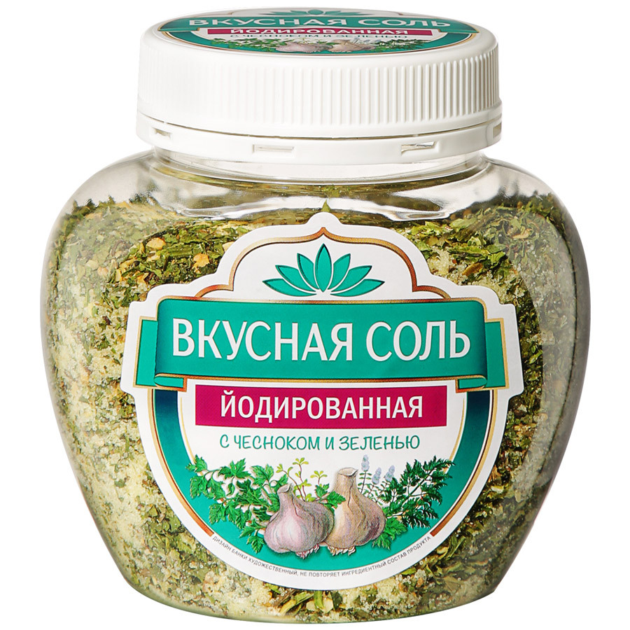 Купить соль Вкусная Соль пищевая йодированная с чесноком и зеленью 400 г, цены на Мегамаркет | Артикул: 100032455090