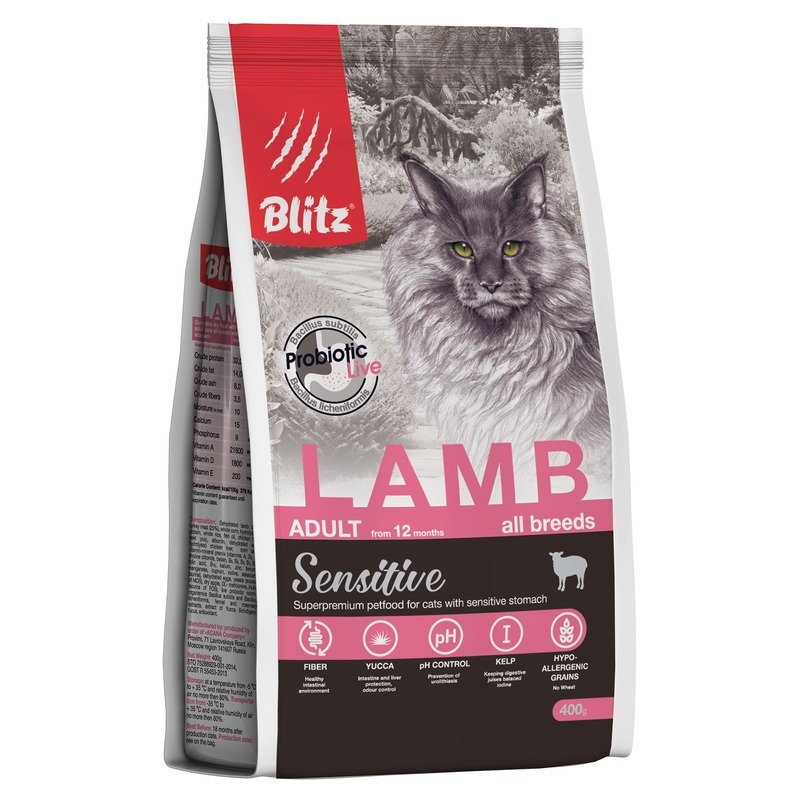 Купить сухой корм для кошек BLITZ Adult All Breeds Sensitive, ягненок, 0,4кг, цены на Мегамаркет | Артикул: 100001280920