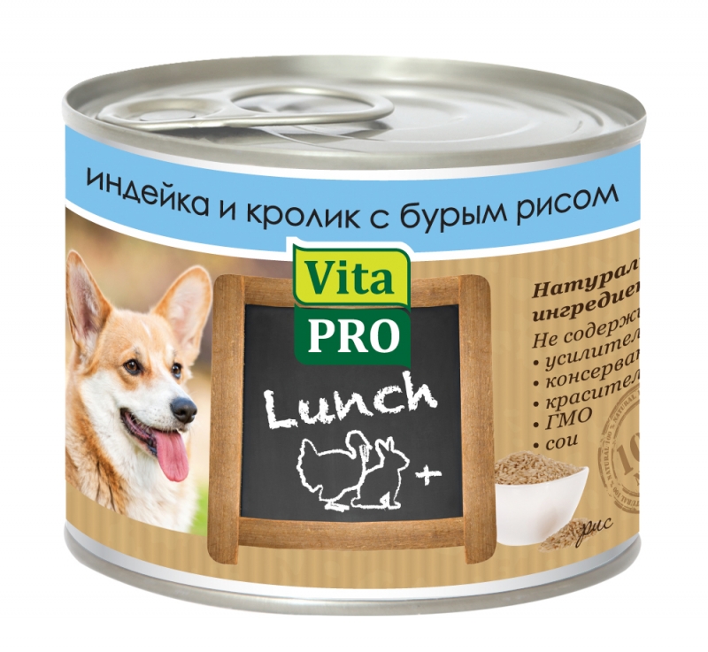 Консервы для собак VitaPRO Lunch, индейка, кролик, рис, 200г