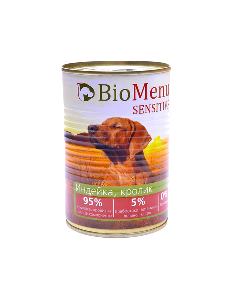 Консервы для собак BioMenu Sensitive, индейка, кролик, 12шт по 410г