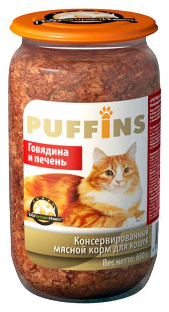 Консервы для кошек Puffins, кусочки в паштете с говядиной и печенью, 8шт по 650г