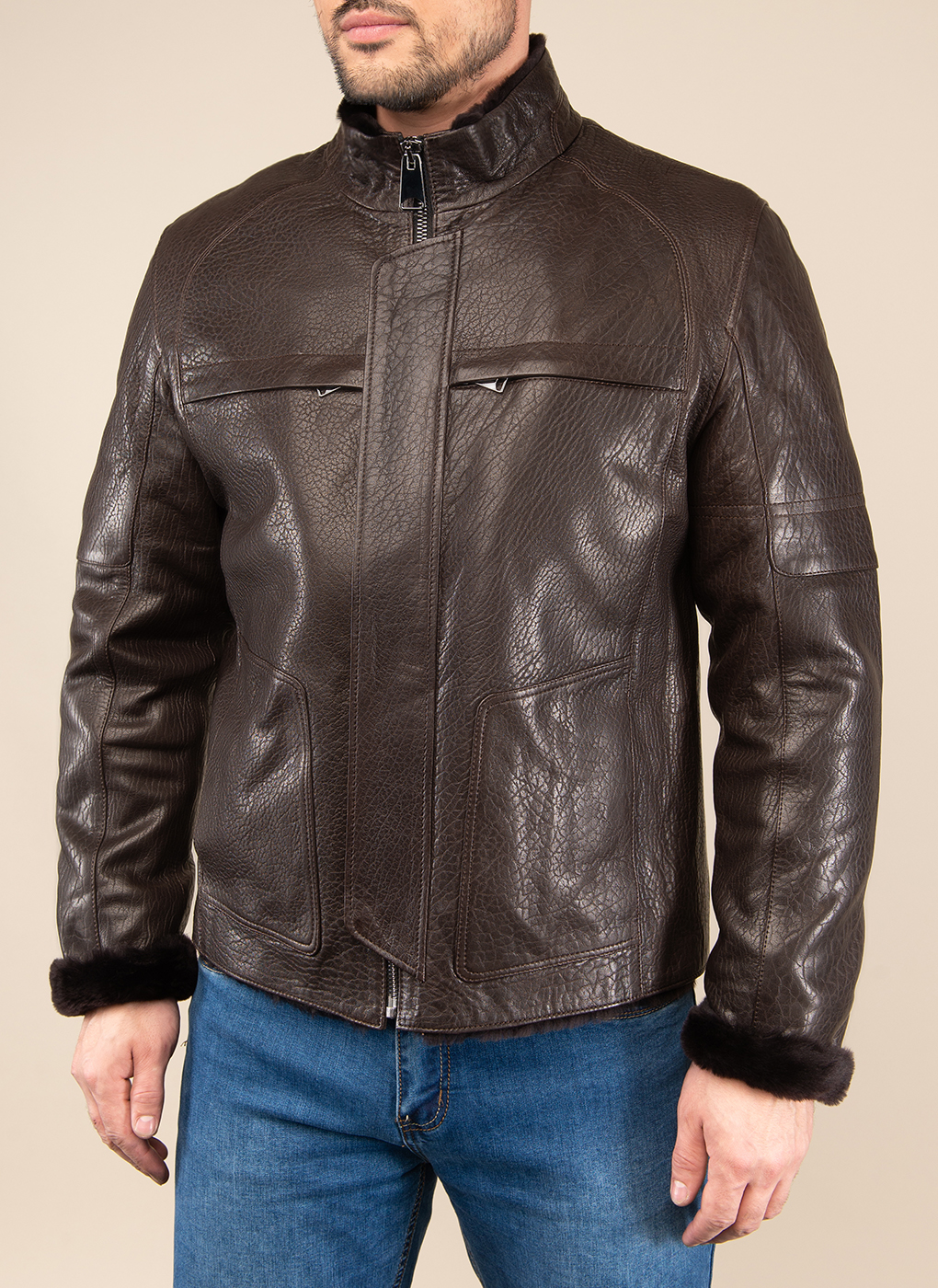 Кожаная куртка мужская Каляев 48960 коричневая 56 RU