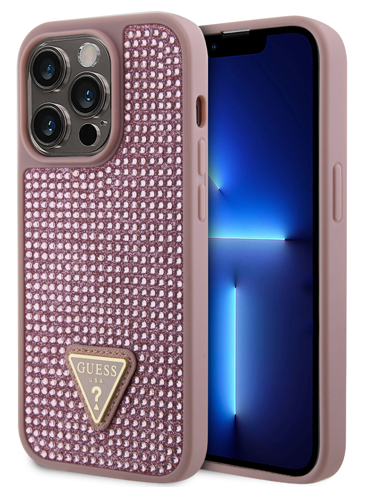 Чехол Guess для iPhone 15 Pro со стразами Triangle metal logo, розовый,  купить в Москве, цены в интернет-магазинах на Мегамаркет