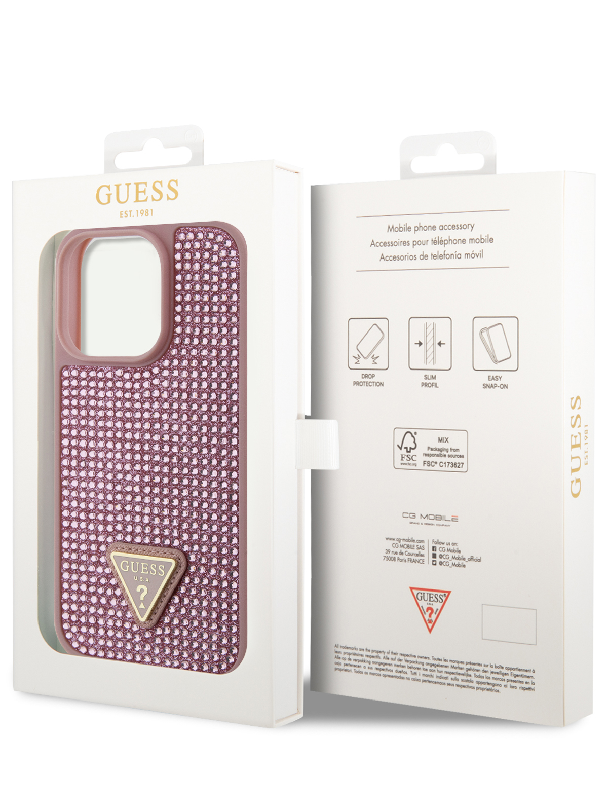 Чехол Guess для iPhone 15 Pro со стразами Triangle metal logo, розовый,  купить в Москве, цены в интернет-магазинах на Мегамаркет