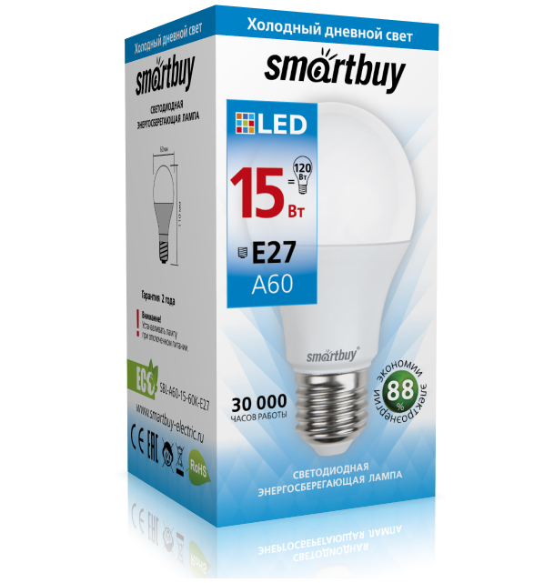 Лампа светодиодная Smartbuy ЛОН A60 E27 15W (1300lm) 6000K, 119x60, SBL-A60-15-60K-E27