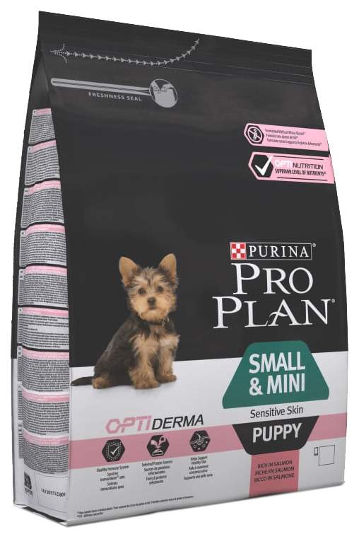 Купить сухой корм для щенков PRO PLAN OptiDerma Small & Mini Puppy, для мелких пород, лосось, 3кг, цены на Мегамаркет | Артикул: 100024246832