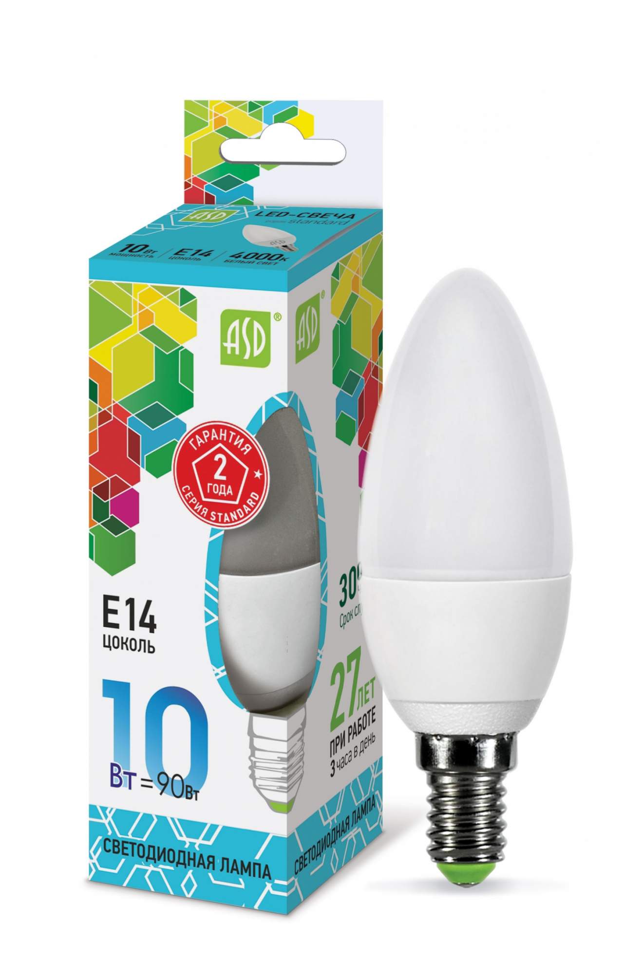 Лампа светодиодная ASD свеча C37 E14 10W 4000K, 102x37, пластик/алюминий, standard, 5576