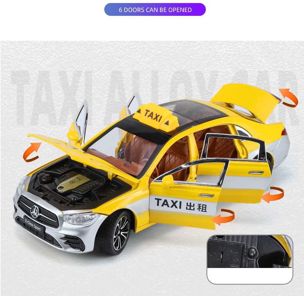 Модель метал Mercedes E-Class Taxi поворотные колеса, свет, звук 1:24 B2426  желтый – купить в Москве, цены в интернет-магазинах на Мегамаркет