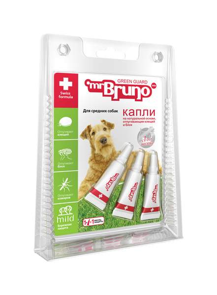 Капли для средних собак против блох, клещей, комаров Mr.Bruno Green, 3 пипетки, 2,5 мл