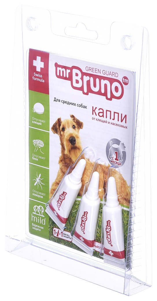 Капли для средних собак против блох, клещей, комаров Mr.Bruno Green, 3 пипетки, 2,5 мл