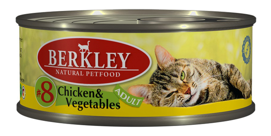 Консервы для кошек Berkley Adult Menu №8, паштет с цыпленком, овощами, маслом лосося, 100г