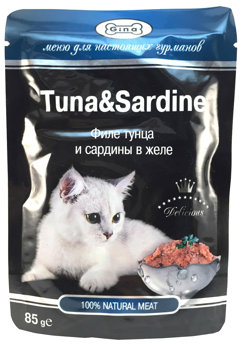 Влажный корм для кошек GINA Tuna&Sardine, филе тунца и сардины в желе, 24шт по 85г