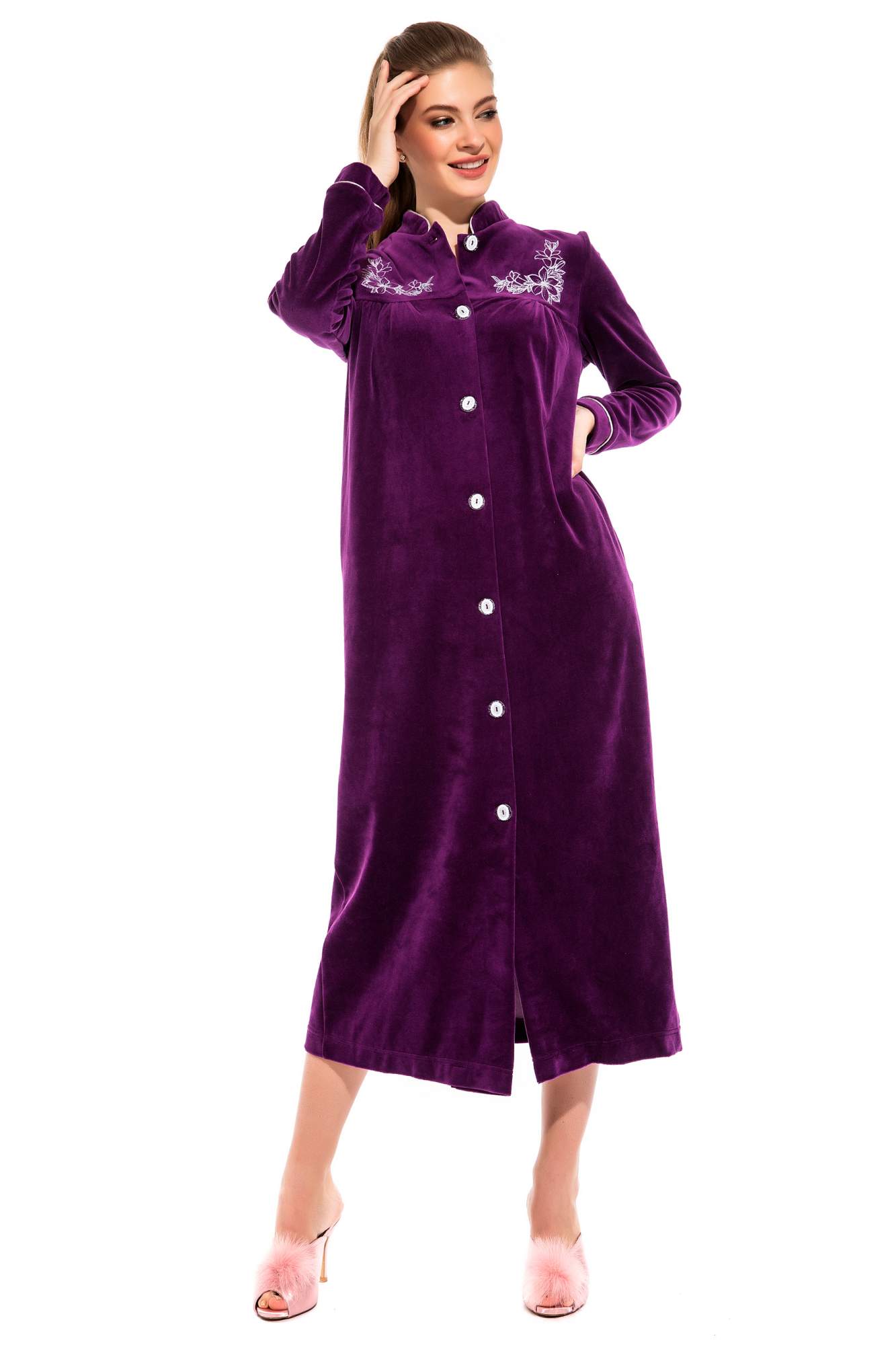 Женский велюровый халат на пуговицах AURORE (PM 391), цвет фиолетовый, размер L (46-48)