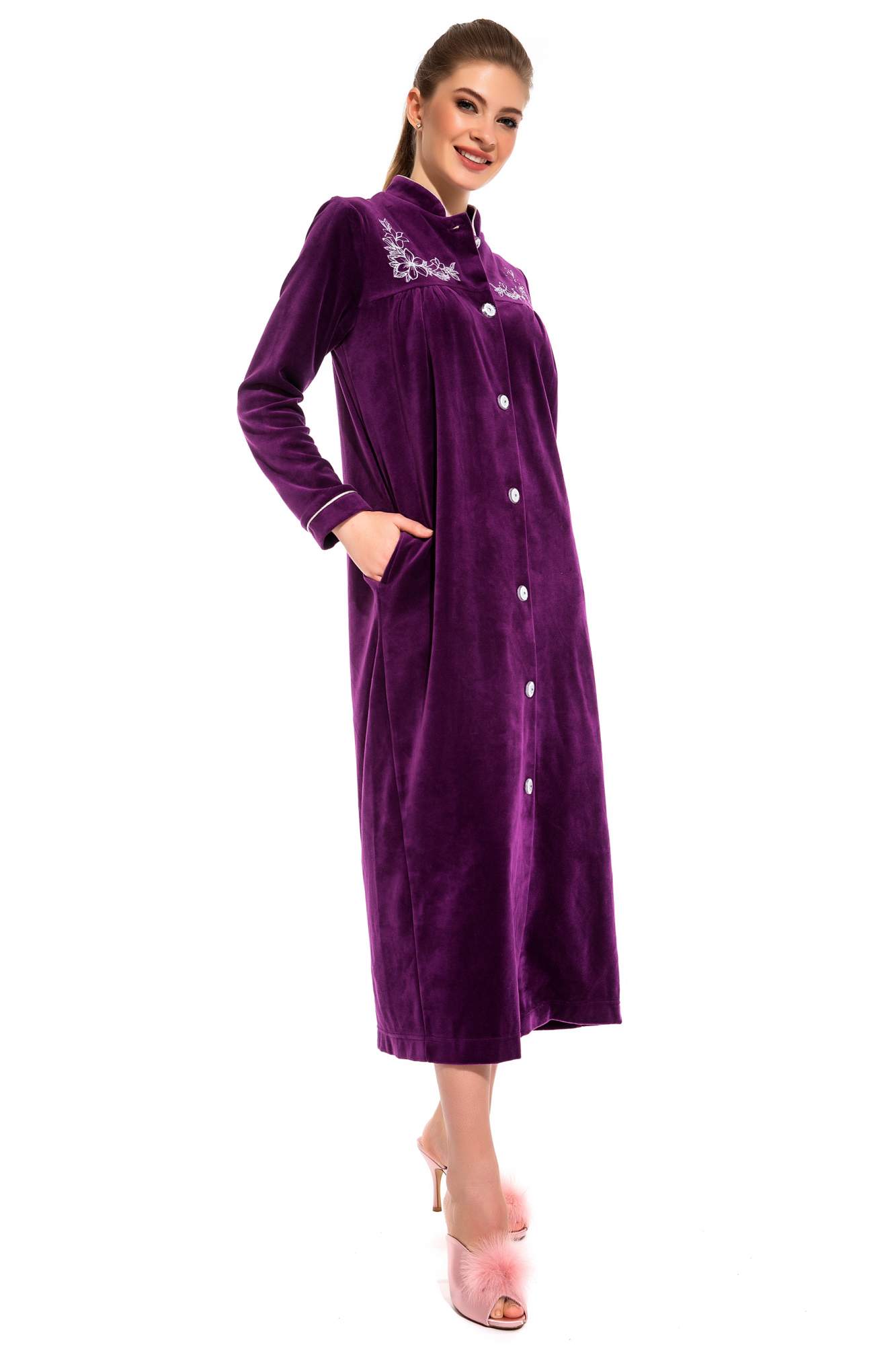 Женский велюровый халат на пуговицах AURORE (PM 391), цвет фиолетовый, размер L (46-48)