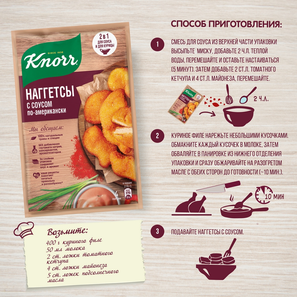 Купить приправа Knorr 2в1 классические наггетсы с соусом по-американски на  второе 49 г, цены на Мегамаркет | Артикул: 100023681717