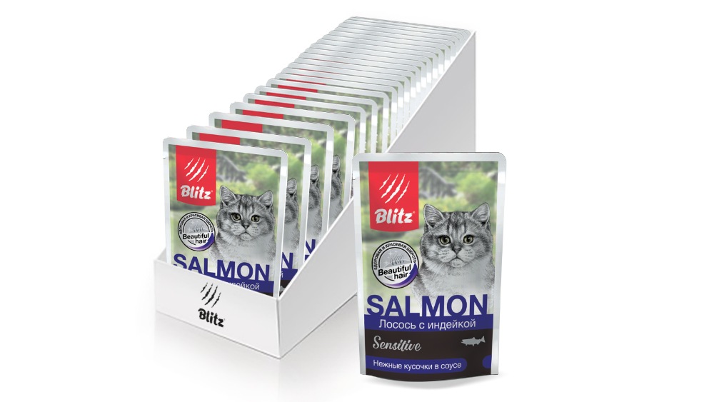 Влажный корм для кошек BLITZ Sensitive, лосось с индейкой в соусе, 24шт по 85г - купить в Норма Корма, цена на Мегамаркет