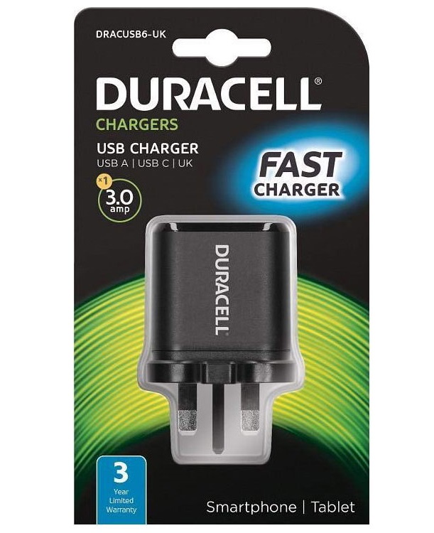 Сетевое зарядное устройство Duracell DRACUSB6-RU, 1xUSB; 1xUSB Type-C, 3 A, black