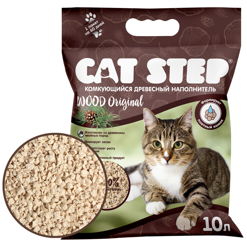 Комкующийся наполнитель CAT STEP Wood Original древесный, 10 л - купить в Мегамаркет Спб Шушары, цена на Мегамаркет