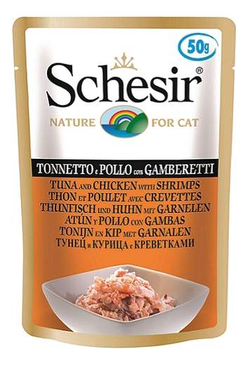 Влажный корм для кошек Schesir, тунец, цыпленок, креветки, 30шт по 50г