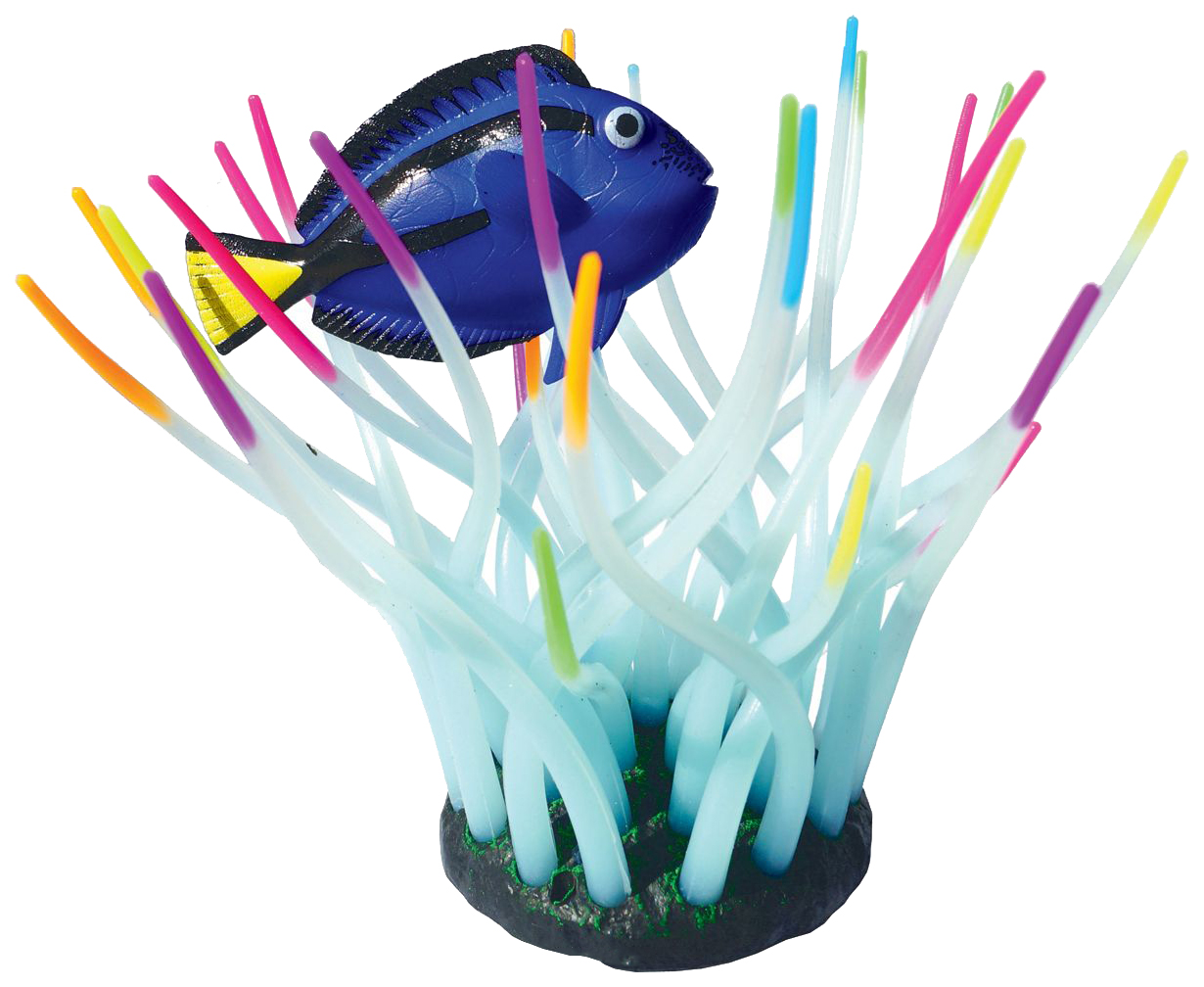 Декорация для аквариума JELLY-FISH Актиния с рыбой Дори, силикон, радужная, 11х8х14,5 см