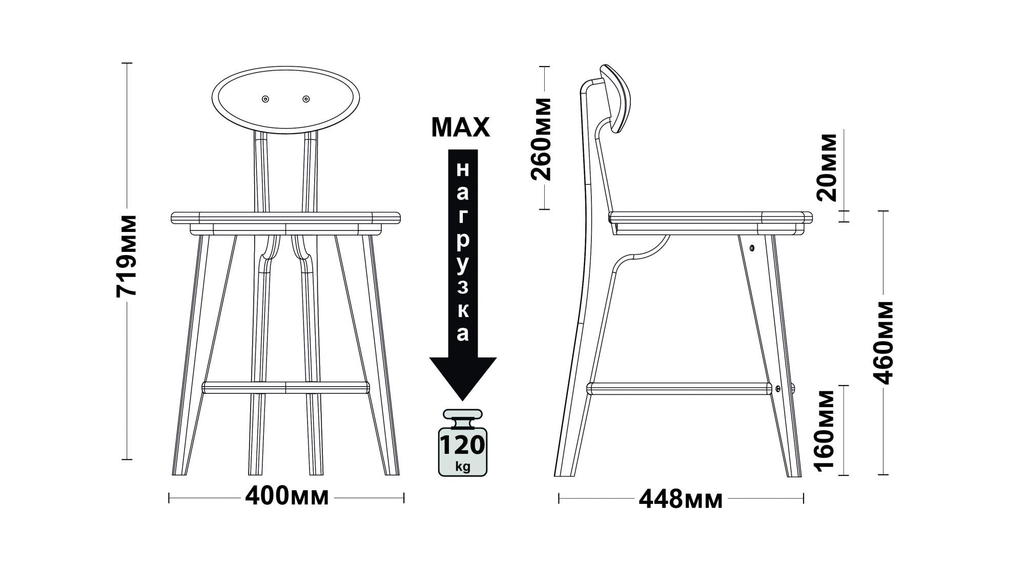 Размеры барного стула из дерева со спинкой чертежи