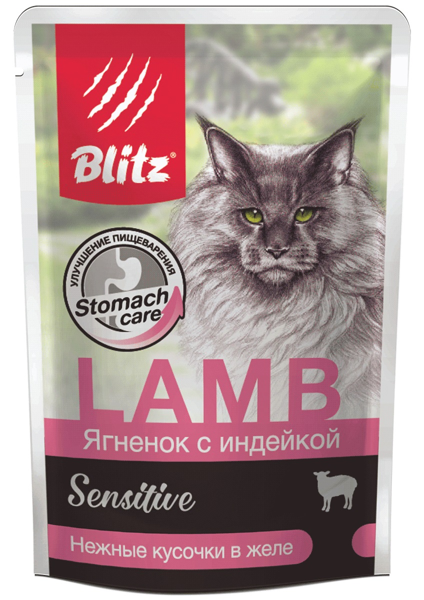 Купить влажный корм для кошек BLITZ Sensitive, ягненок с индейкой, 24шт по 85г, цены на Мегамаркет | Артикул: 100025925070