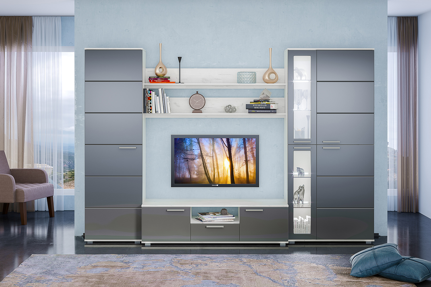 Стенка под телевизор в современном стиле со шкафом для одежды