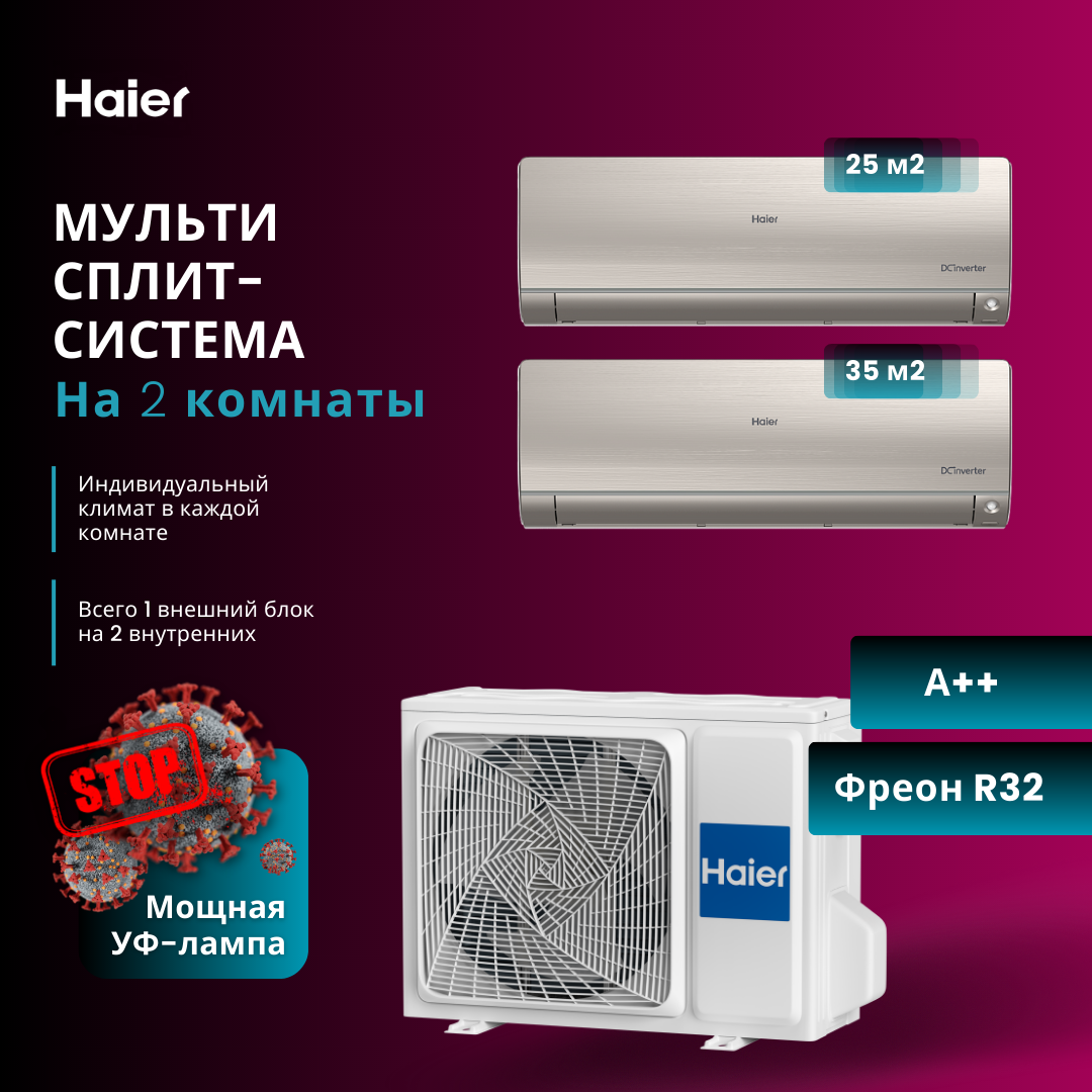 Мульти сплит-система на 2 комнаты ( 31+30 м2) Haier gold, купить в Москве, цены в интернет-магазинах на Мегамаркет