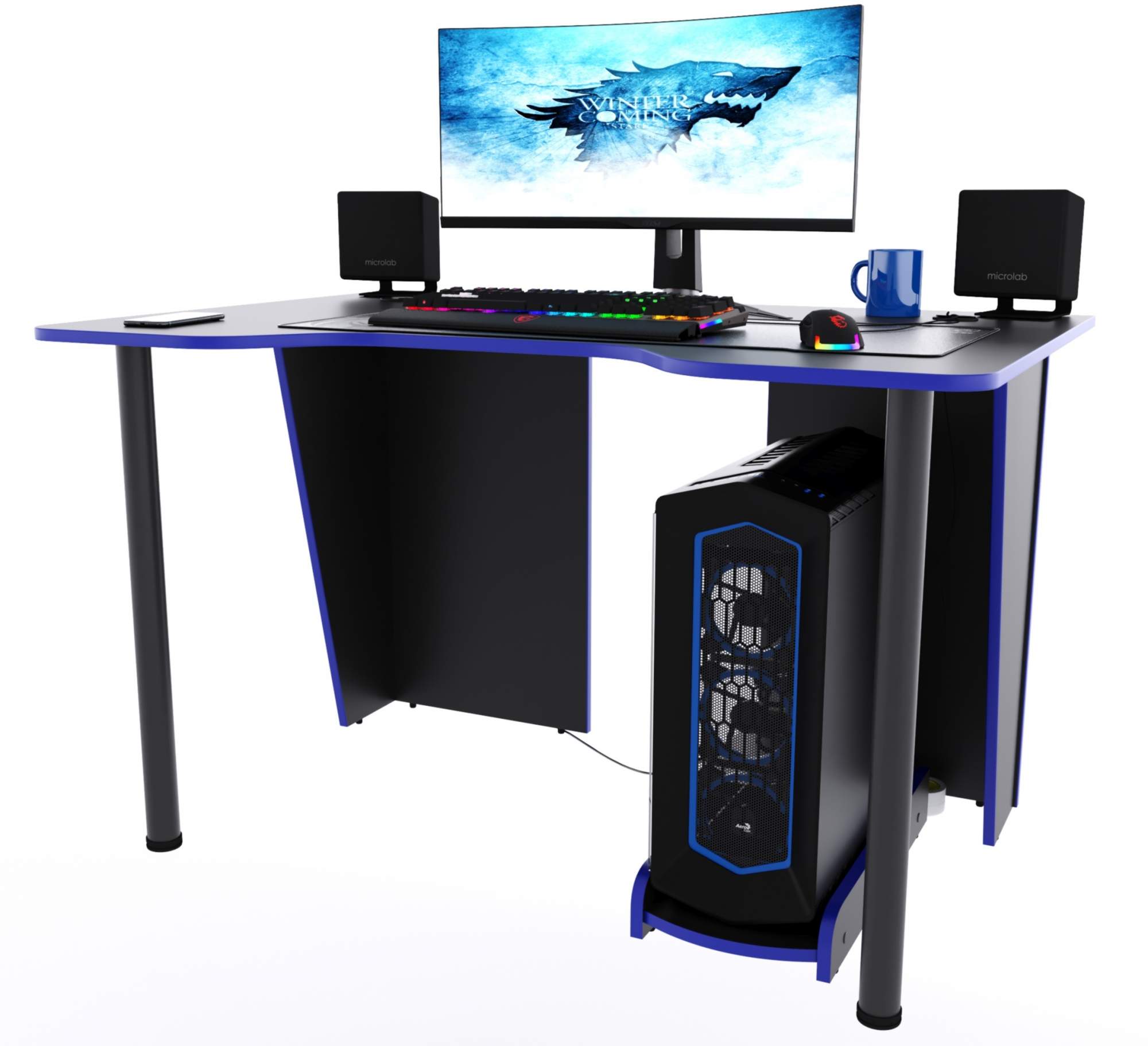 Игровой компьютерный стол "Лакер" c подставкой для ПК, чёрный с синей кромкой