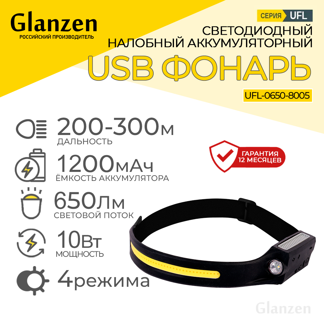 Светодиодный налобный аккумуляторный USB фонарь GLANZEN UFL-0650-8005 -  отзывы покупателей на Мегамаркет | 600008953447