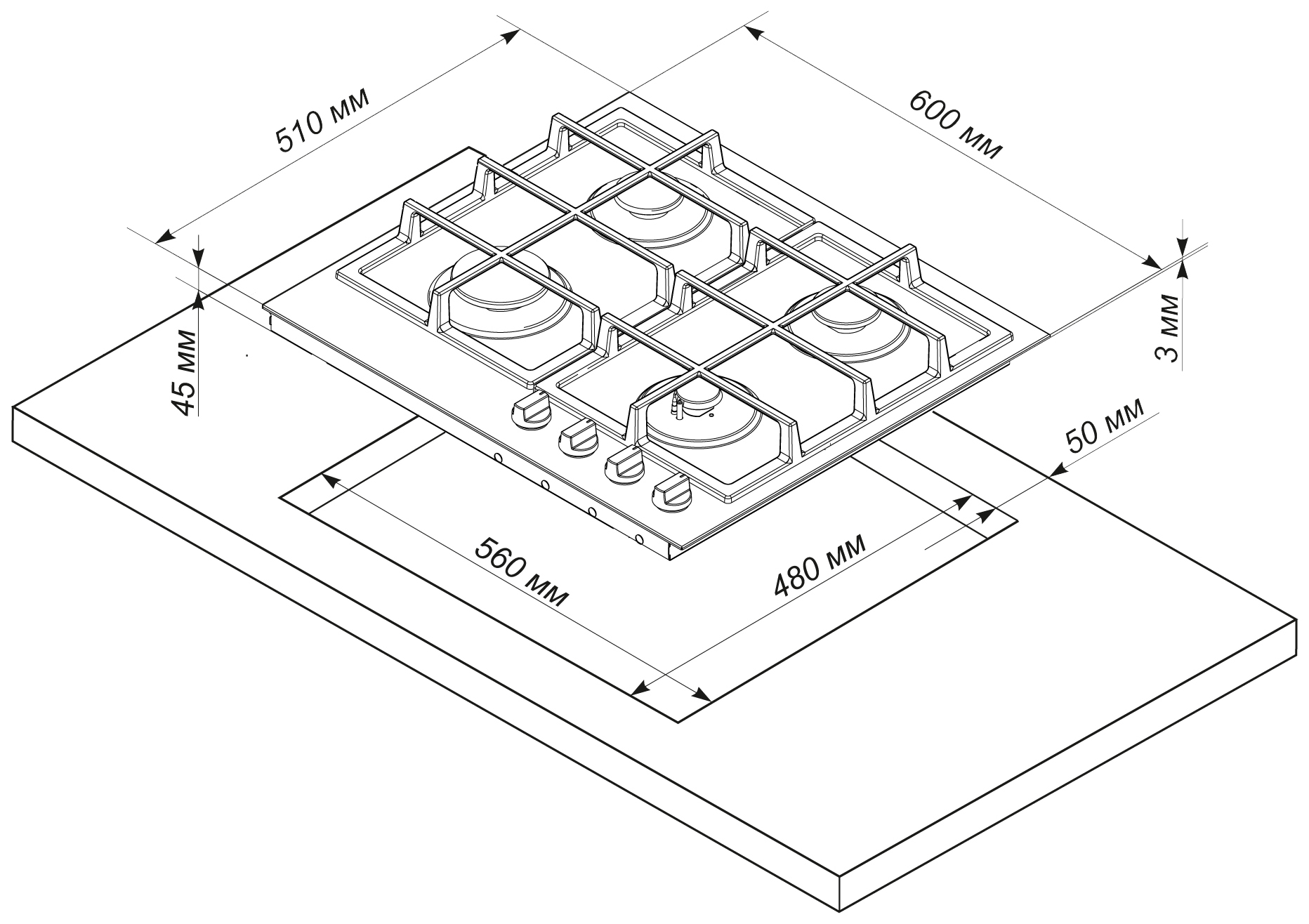 Размеры газовой плиты для кухни 4 конфорки стандартной