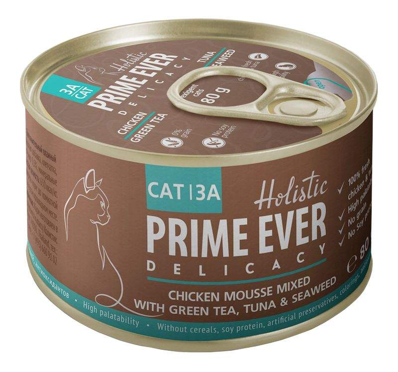 Консервы для кошек Prime Ever 3А, мусс с цыпленком, тунцом и зеленым чаем, 80г