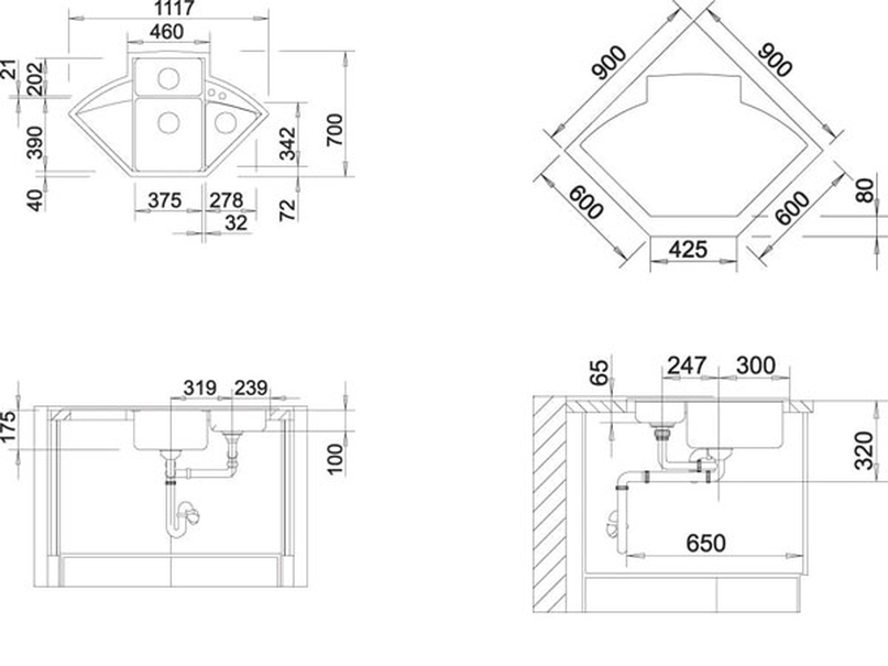 Размер мойки для столешницы. Blanco Axia II 9e. Угловая мойка для кухни чертеж 600. Угловая мойка 600х600 чертеж. Столешница трапеция 900 900 чертеж.