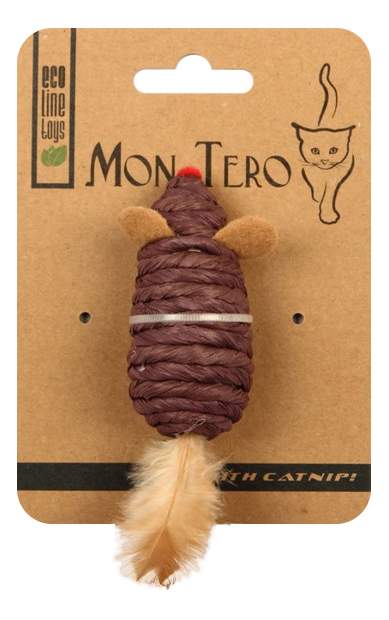 Дразнилка для кошек Mon Tero Мышь мята, перья, коричневый, фиолетовый, 7.6 см